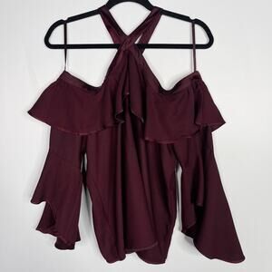 New LOFT M Burgundy Red Ruffle Off The Shoulder Halter Blouse Top Bell Sleeve